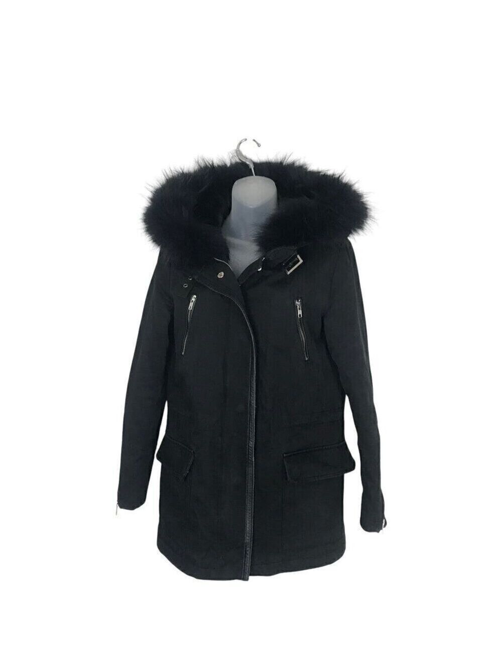 Maje Black Fur trimmed Hood & Faux Fur Lining Coat With Silver Zippers Size S